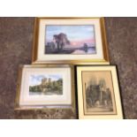 Two framed Durham prints; and a gilt framed river landscape print after Tony Sheath titled Radiance.