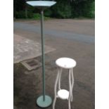 A painted jardinere stand with circular moulded top on shaped legs; and a pale green uplighter