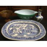 A nineteenth century willow pattern ashet; an amber pressed glass sweatmeat bowl on stand;