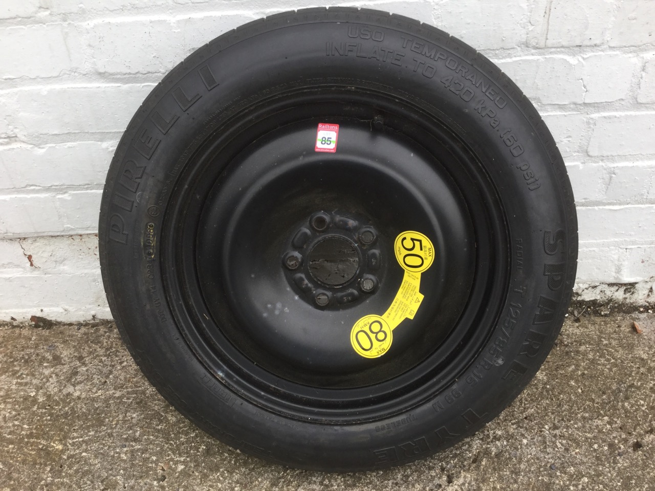 An unused Jaguar X-type wheel, fitted with Pirelli spare tyre.