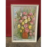 T Richards, oil on canvas, still life with vase of flowers, signed & framed.