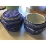 Two Maling hexagonal blue & white tea caddies, one with castles and other with bridges, one