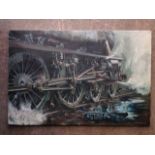 JE Wigston, oil on canvas, study of a steam engine titled on label