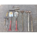 A pair of Spear & Jackson shovels; two old lump hammers; and other tools including claw hammers