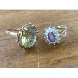 A 9ct gold ring mounted with oval amethyst framed by border of 12 diamonds; and a Victorian 9ct