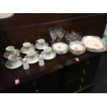 A Crown Essex breakfast / dinner set decorated with blue scrolls; and miscellaneous glasses
