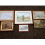 A framed oil on board, coastal view with distant boats, signed; a framed jigsaw ,map near Kelso