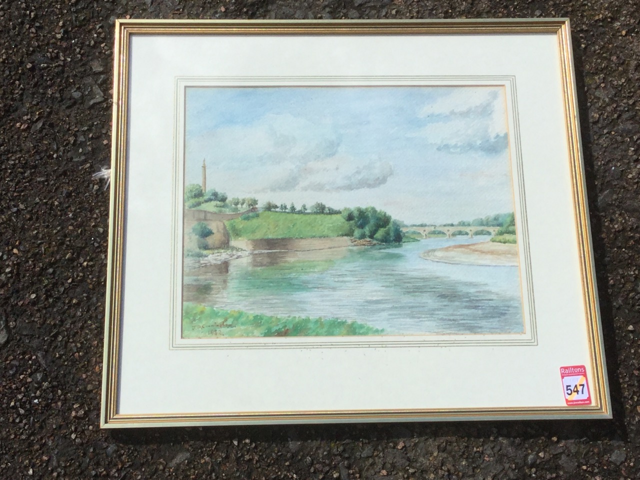 JD Cunningham, watercolour, riverscape of Coldstream and the Tweed, signed & dated, mounted