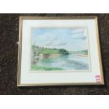 JD Cunningham, watercolour, riverscape of Coldstream and the Tweed, signed & dated, mounted