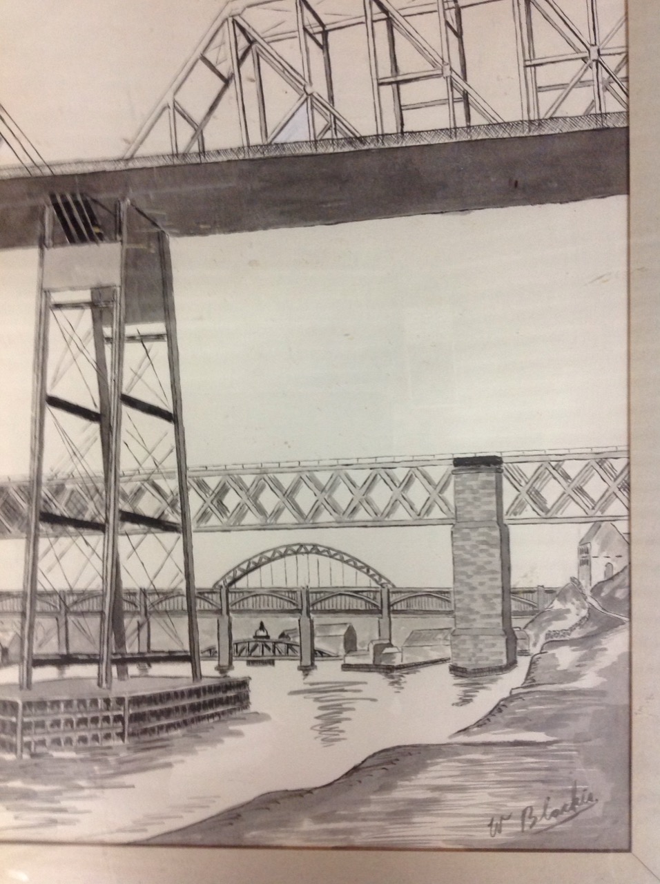 W Blackie, pen & ink with watercolour wash, studies of Tyne Bridges, signed, mounted and - Image 2 of 3