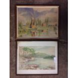 John T Dobson, watercolour, lake landscape with boat tied up, signed & dated 1948, mounted & framed