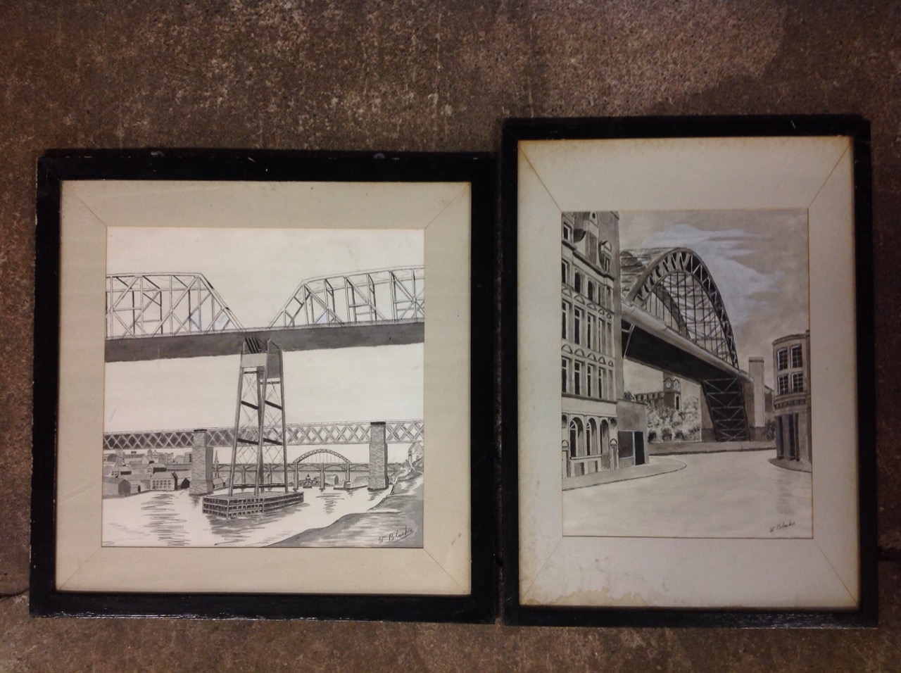 W Blackie, pen & ink with watercolour wash, studies of Tyne Bridges, signed, mounted and