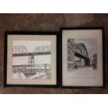 W Blackie, pen & ink with watercolour wash, studies of Tyne Bridges, signed, mounted and