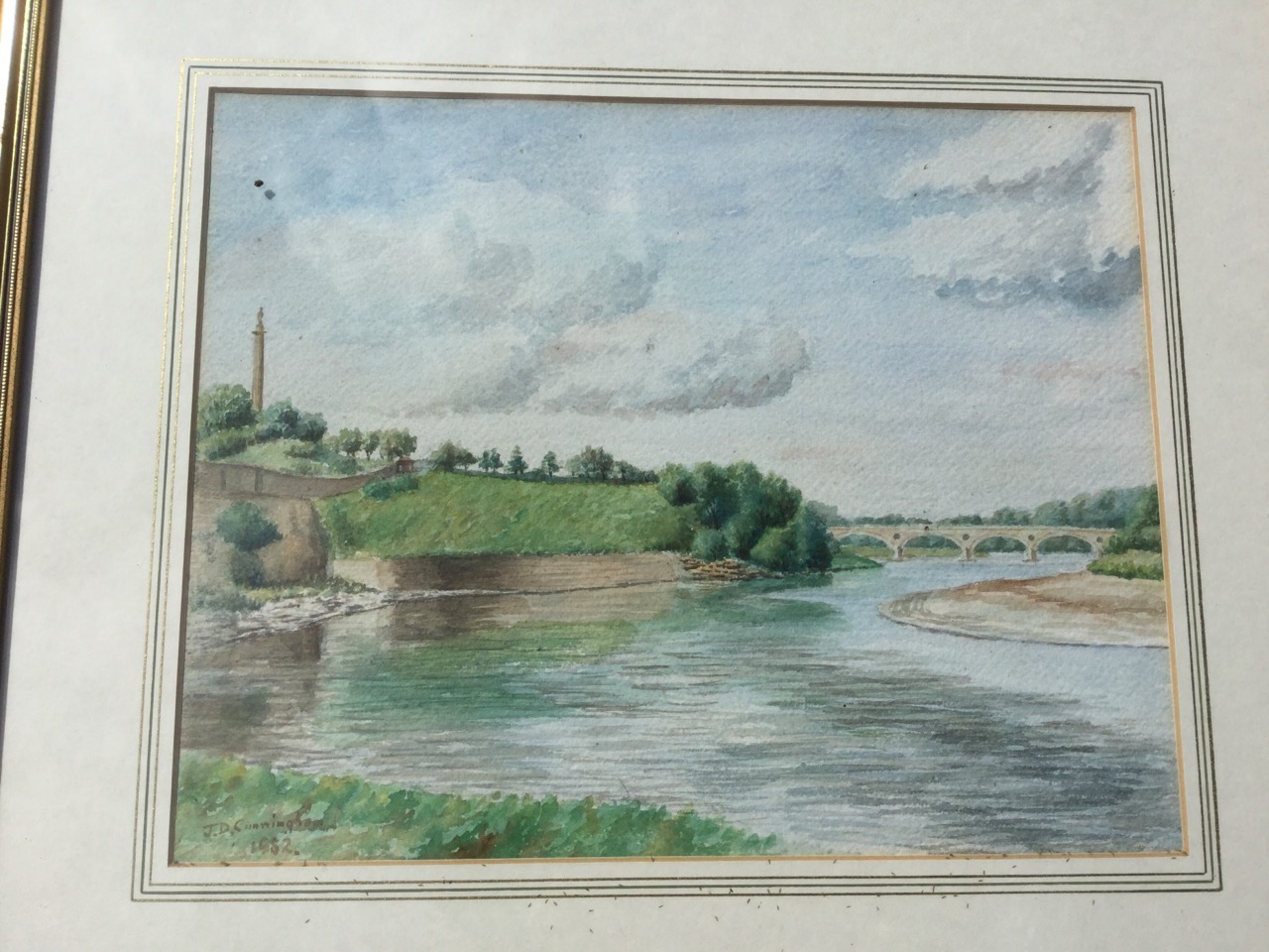 JD Cunningham, watercolour, riverscape of Coldstream and the Tweed, signed & dated, mounted - Image 3 of 3