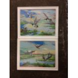 Oil on boards, a pair, ducks rising & descending in water landscape, signed with monogram GJG and