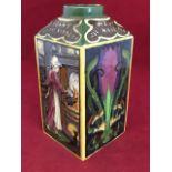 A Shelley Intarsio caddy of square form decorated with floral scrolled panels and interior scenes