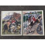 Larch Cullen, oil on board, two 1960s hunting scenes, with details of depictions