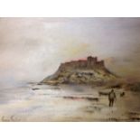 Nancie Foster, oil on board, view of Bamburgh