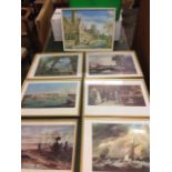 Six framed facsimiles of classic paintings, including Constables views of Salisbury Cathedral