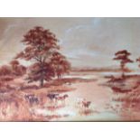 Continental school, oil on board, cattle by river, unsigned, framed.