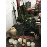 An artificial Christmas tree on stand; and a quantity of plant pots, jardineres, vases -