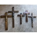 Five crucifixes - oak, boxwood & ebony inlaid, brass mounts, spelter, copper, etc. (5)
