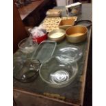 Miscellaneous kitchenware including Prestige cake tins and Pyrex bowls, plates and dishes,