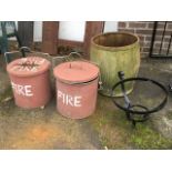 A pair of galvanised fire buckets & covers with swing handles; a ribbed galvanised dolly washtub