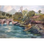 E Abaga, West African school, oil on canvas, river landscape, signed. (18in x 15in)