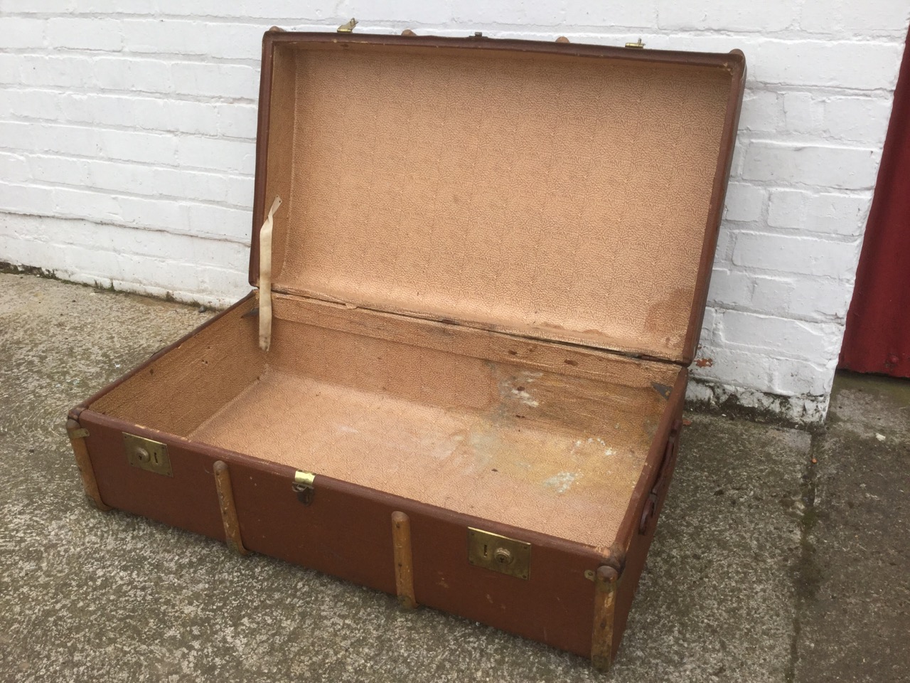 A hessian covered school trunk with wood slats, brass mounts and leather handles; and another trunk - Image 2 of 3