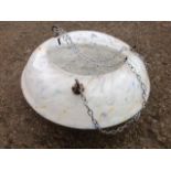 A mottled cloud glass plaffonier, the circular moulded bowl hung from three hooks.