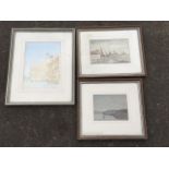 A framed & mounted watercolour of a lone man in a boat on still water estuary; another framed pencil