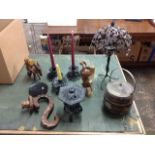 Miscellaneous items including five cast iron candle holders, carved wooden horse and donkey