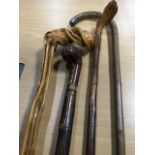 A Victorian walking stick with handle carved as a foot; a root style walking stick with twisted