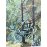 W Russell Flint, coloured print with three young ladies in garden swing