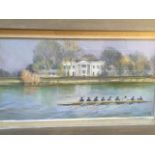 Jane Buchanan, pastel, rowing eight on river titled to Hurlingham Club