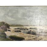 Oil on canvas, coastal view with cows on headland