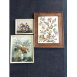 A woolwork floral tapestry on linen ground, framed; and two 60s framed Vernon Ward