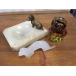 An oynx ash tray mounted with bronzed terrier dog; a Nachtmann enamelled glass owl; and a Kudelmul