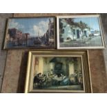 A gilt framed Venice Canaletto oileographic print; another oileographic on canvas print of an interi