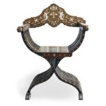 Good quality 19th century French ivory inlaid cross frame elbow chair with fleur-de-lis cherub,