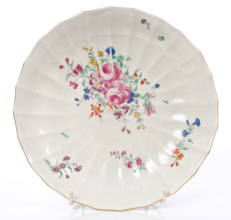 18th century Worcester fluted porcelain dish with polychrome painted floral sprays, circa 1770,