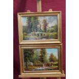 Henry Harris (1852 - 1926), pair oils on board - figures beside bridges in river landscape, signed,