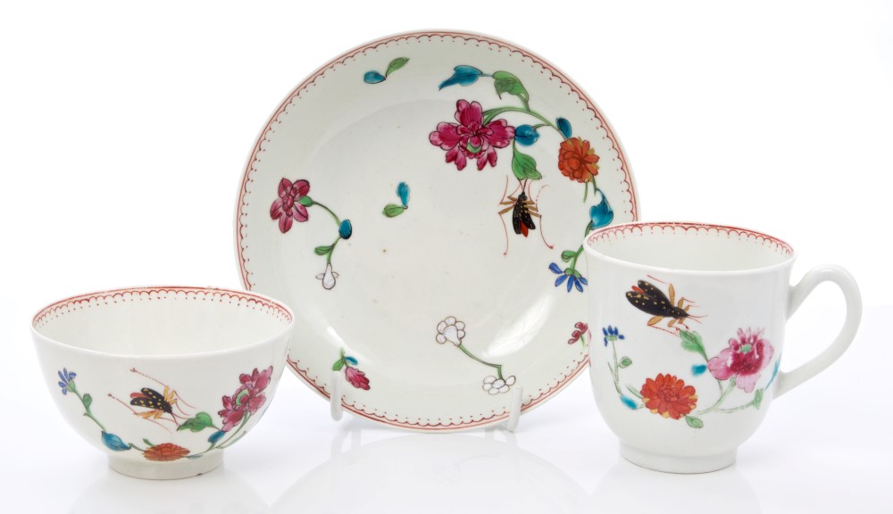 18th century Worcester Maybug pattern tea cup, coffee cup and saucer, circa 1770,