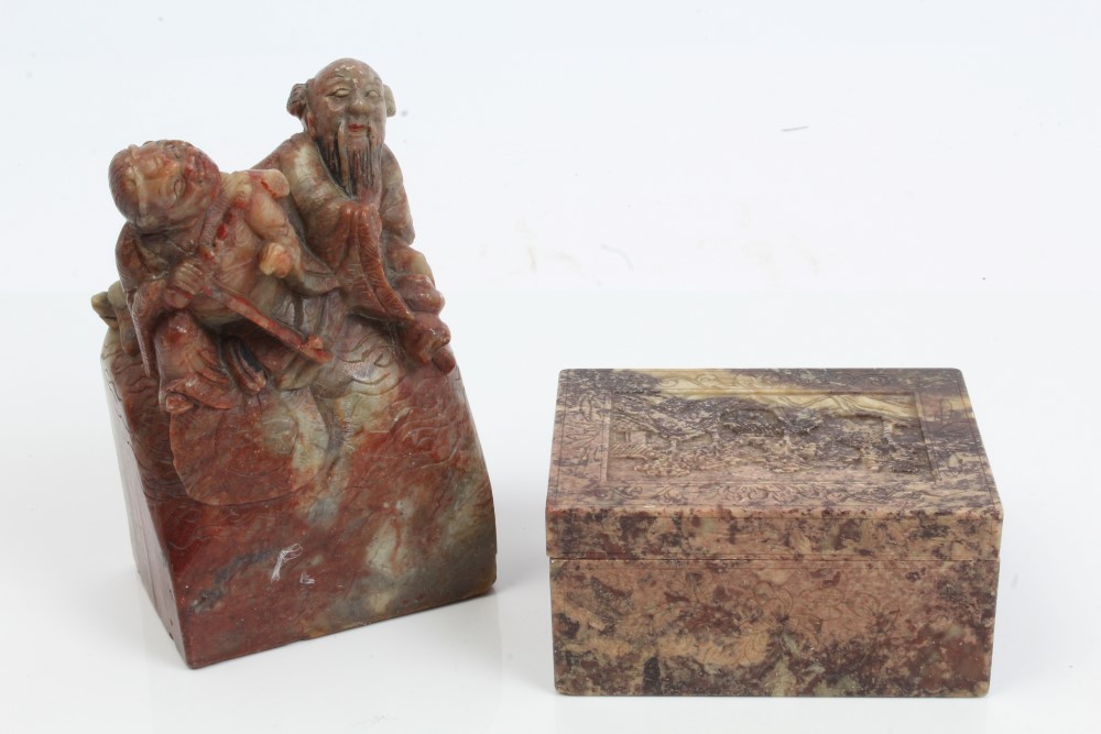 19th century Chinese soapstone box and cover with carved buildings in landscape decoration, 8.