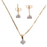 Pair of diamond single stone stud earrings and matching pendant,