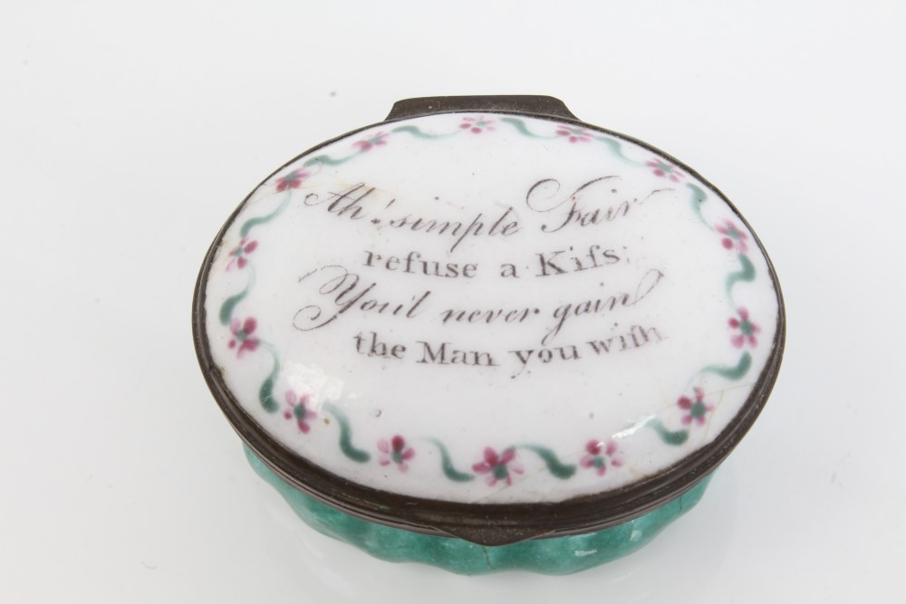 Three late 18th century Staffordshire enamel patch boxes of oval form, - Image 2 of 7
