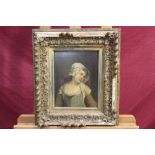 18th century French School oil on tin panel - portrait of a young lady in bonnet, in gilt frame,