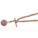 Edwardian fancy link watch chain with rose gold and agate fob,