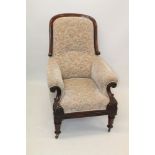 William IV rosewood armchair with rounded high back and over-scroll arms on show-wood acanthus